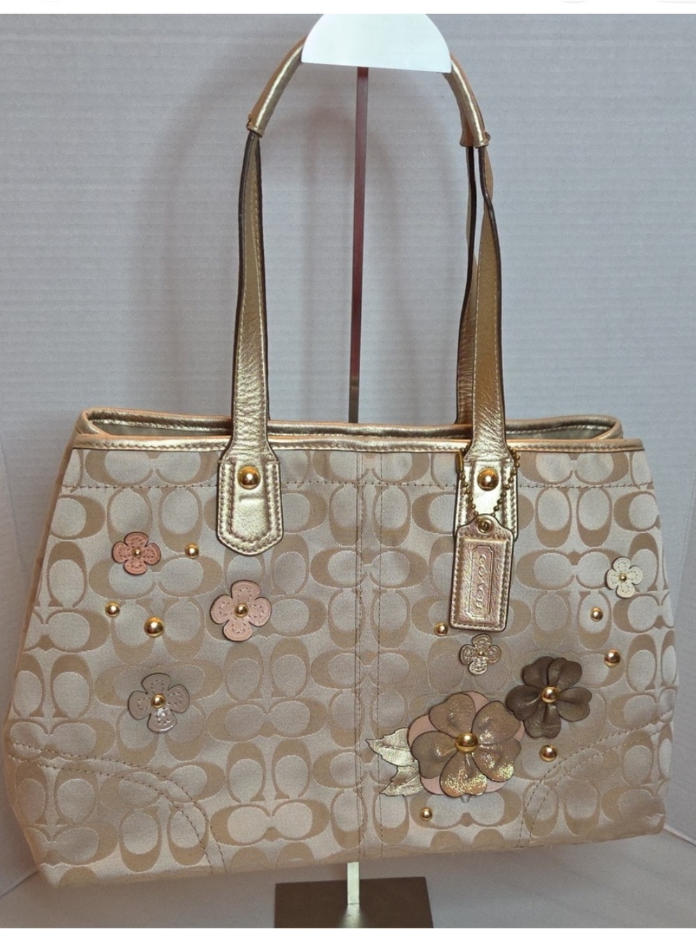 Coach Gold & Beige Jacquard & Leather Floral Appliqués Bag